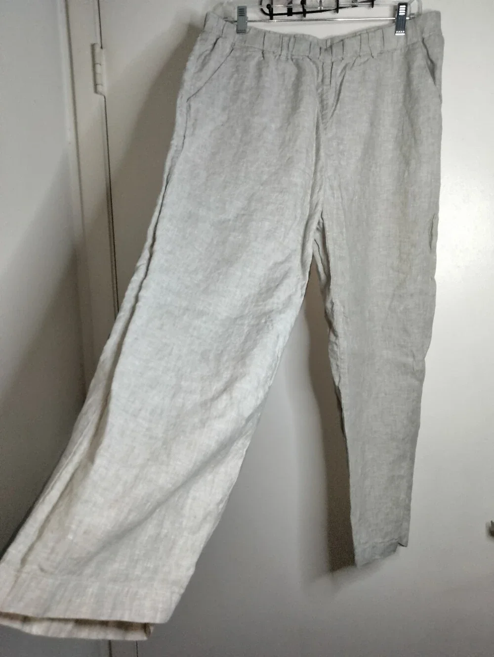 Quince (Size L) Oatmeal 100% Linen Slip Pocket Elastic Pull-on Waist Crop Pants